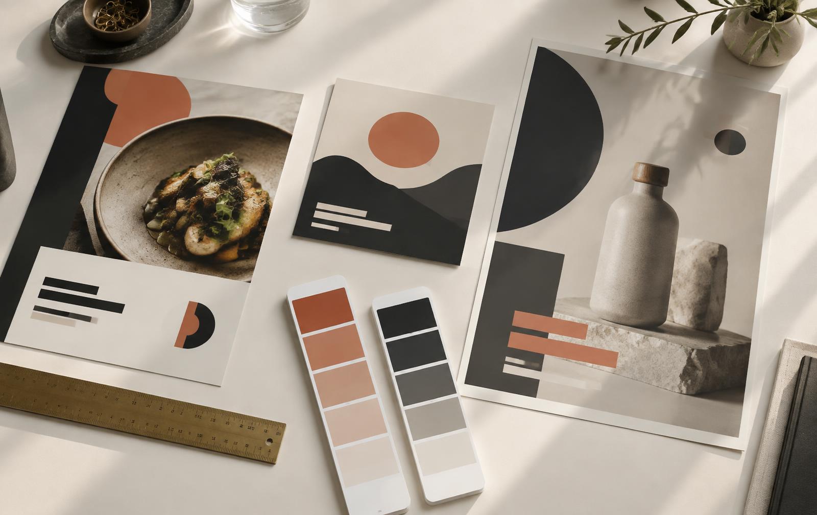 Printed flyers and colour swatches on a studio table
